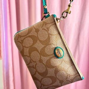 Coach Signature Canvas Wristlet with Teal Trim and Gold Hardware